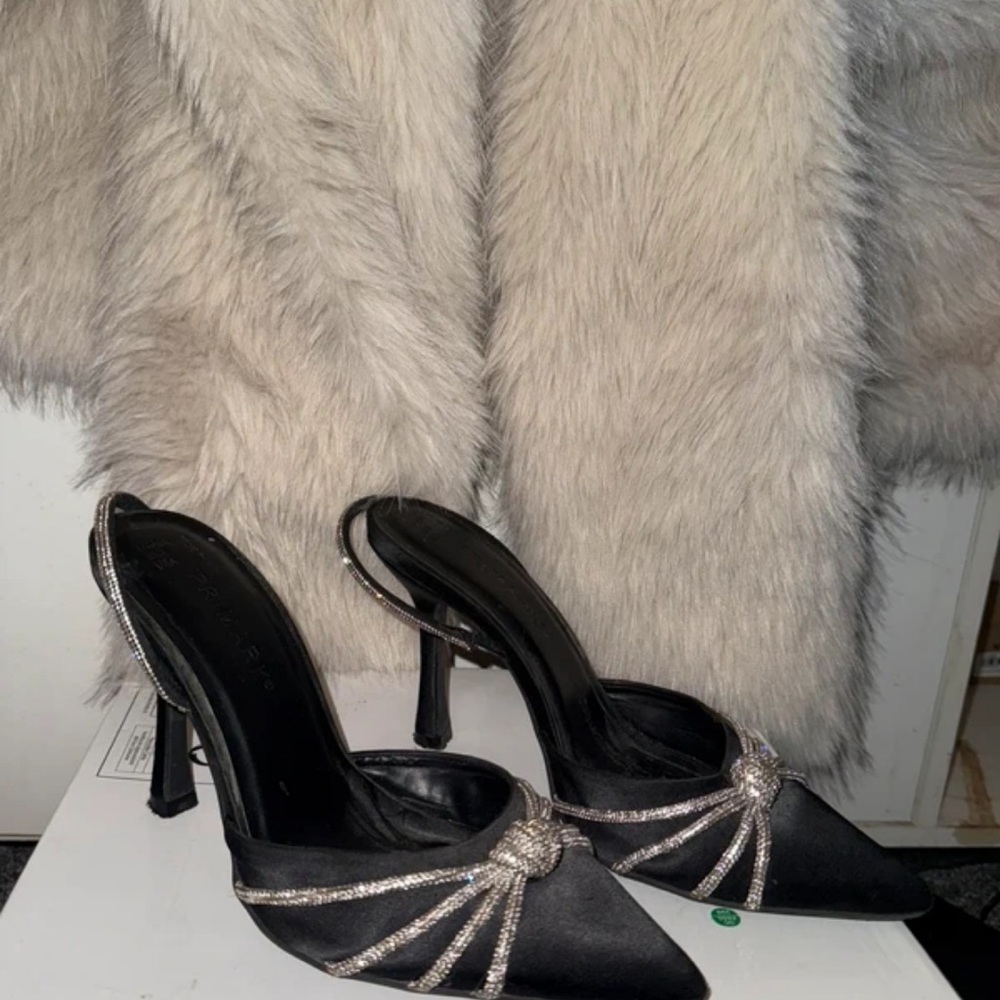 Glamour Black Satin Heels with Silver Accents